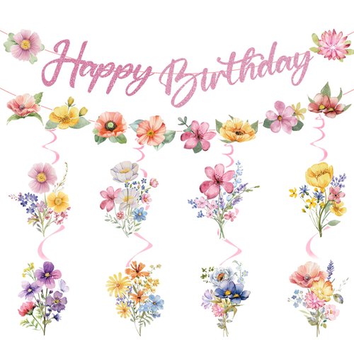 Luvsweets Wildflower Happy Birthday Decorations - 10 Pcs Birthday Party Decorations for Girls Glitter Banner Garland Floral Hanging Swirls Decor Flower Decoration for Women Party Supplies