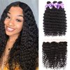 3 Bundles Deep Wave Virgin Human Hair with Lace Frontal Unprocessed Human Hair Extensions Natural Black Color (10 12 14+10)