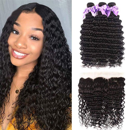 3 Bundles Deep Wave Virgin Human Hair with Lace Frontal Unprocessed Human Hair Extensions Natural Black Color (10 12 14+10)