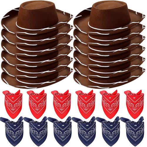 24 Pieces Cowboy Hats and Bandanas for Kids Western Cowboy Costume Hat Accessories for Toddler Child Western Theme Birthday Party Supplies Halloween Costume Dress(Dark Brown, Navy, Red)