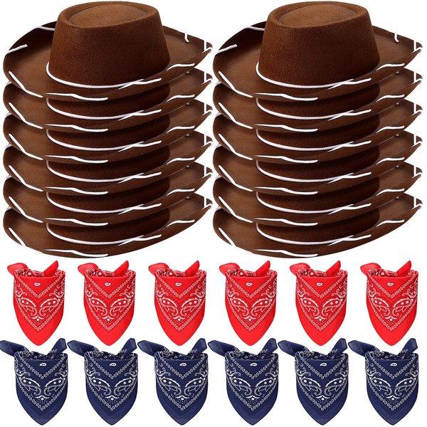 24 Pieces Cowboy Hats and Bandanas for Kids Western Cowboy Costume Hat Accessories for Toddler Child Western Theme Birthday Party Supplies Halloween Costume Dress(Dark Brown, Navy, Red)