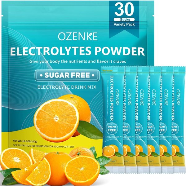 OZENKE Electrolytes Powder Packets, 30 Sticks Hydration Packets Sugar Free, Electrolyte Drink Mix Portable Electrolyte Packets for Rapid Hydration, 0 Sugar & 0 Calorie, Orange Flavor