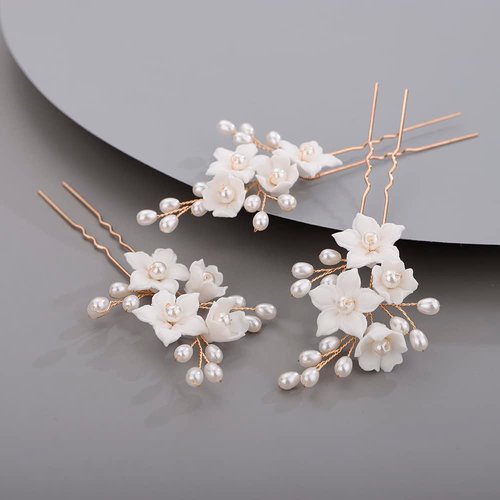 BERYUAN Bridal Flowers Leaves Hair Pins for Bride Women Dainty Pearls Beads Hair Pins for Girls GOLD （3 pcs）