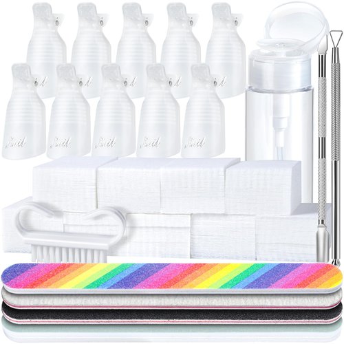 HNYYZL Gel Nail Polish Remover Tools Kit with Plastic Nail Clips, 100ml Nail Polish Remover Bottle, Lint Free Nail Wipes, Nail Brush, Stainless Steel Cuticle Pusher/Peeler, Buffer Block ＆ Nail File