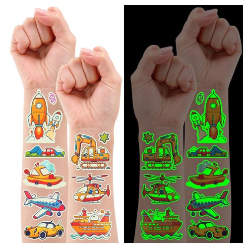 Partywind 145 Styles Glow Transportation Temporary Tattoos for Kids, Luminous Construction Tractor Trucks Excavator Tattoo Stickers Special for Boys Birthday Party Supplies Games (14 Sheets)
