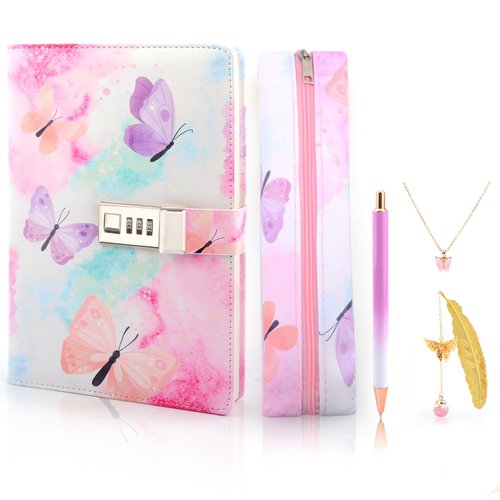 Diary for Girls with Lock Age 8-12, Kids Journals Notebooks for Girls, Christmas Gifts for Teen Girls Ages 8 9 10 11 12 13 14 Year Old Secret Travel Diary with Pen Pencil Case Necklace Bookmark