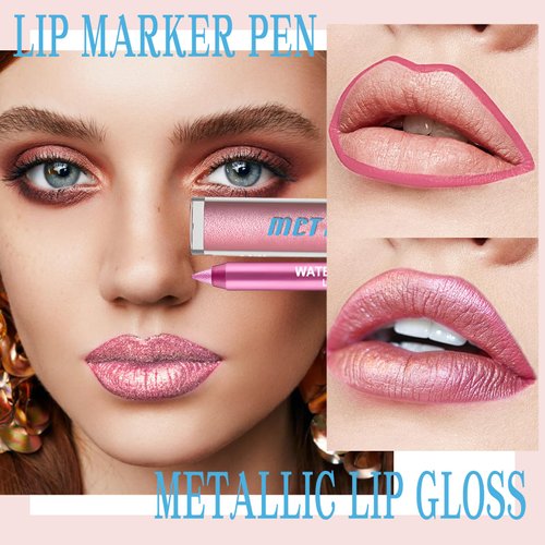 Wugbc Lip Liner and Lipstick Combo, Metallic Lipstick for Women Long Lasting Shimmer Lip Stick Liner Pencil Pack Glitter Non Stick Cup Pink Lip Color Makeup Moisturizing No Transfer Diamonds Shinning