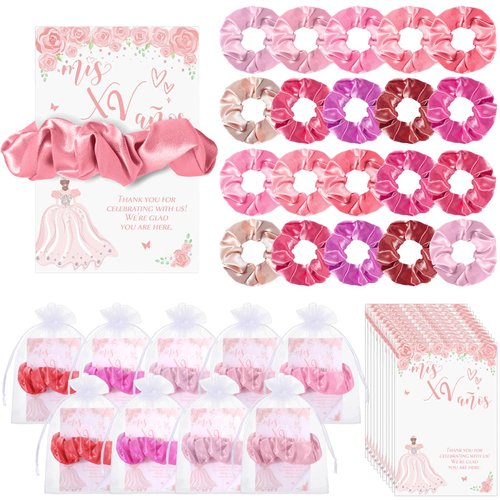 Thiccywoov 50 Sets Quinceanera Party Favors for Guests - 50 Scrunchies, 50 Thank You Cards, 50 Organza Bags for Sweet 15 Birthday