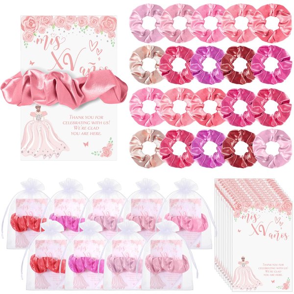 Thiccywoov 50 Sets Quinceanera Party Favors for Guests - 50 Scrunchies, 50 Thank You Cards, 50 Organza Bags for Sweet 15 Birthday