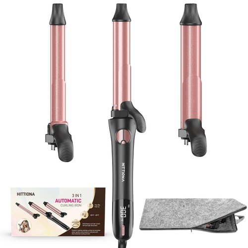 Rotating Curling Iron - 3 in1 Automatic Curling Iron with Interchangeable Curling Wand, 3/4, 1 1/4, 1 Inch Curling Iron for Lasting Beach Waves, Adjustable Temp, Instant Heat, Dual Voltage