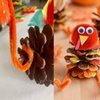 yaxwhty Thanksgiving Pinecone Trukey Craft Kit,Thankful Pinecone Craft with pom poms,Black Wiggle Googly Eyes, Pipe Cleaners,Artificial Maple Leaves,Colored Popsicle Sticks, Natural Pinecones﻿