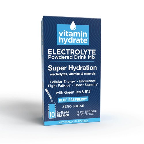 Vitamin Hydrate Electrolyte Powdered Drink Mix, Super Hydration, Boost Stamina & Fight Fatigue, Bursting with Electrolytes, Vitamins & Minerals, 0 Sugar, Blue Raspberry, 10 Stick Packs