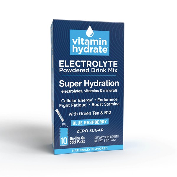 Vitamin Hydrate Electrolyte Powdered Drink Mix, Super Hydration, Boost Stamina & Fight Fatigue, Bursting with Electrolytes, Vitamins & Minerals, 0 Sugar, Blue Raspberry, 10 Stick Packs