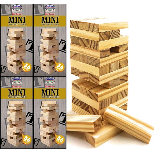 Matty's Toy Stop Mini Wooden Tower 36 Piece Stacking Game (4.25") Gift Set Party Favor Bundle - 4 Pack