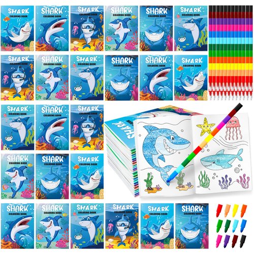 bobosufit 24 Pcs Coloring Book for Kids Bulk with 24 Crayons Shark Party Favors Mini Drawing Book Bulk for Kids Students Classroom Gifts Party Favors (Shark)