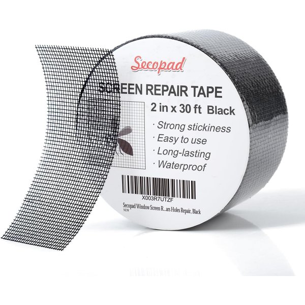 Secopad Black Window Screen Repair Tape, 2 in X 30 FT (360IN) Screen Rrepair Kit for Windows or Doors, Strong Adhesive Screen Patch Fiberglass Screen Tape Mesh Repair