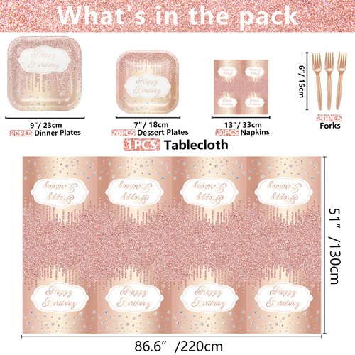 81 Pieces Rose Gold Party Decorations - Rose Gold Party Supplies, Include Dinner Plates, Dessert Plates, Napkins, Rose Gold Tablecloth, Forks for Girl Women Mom Birthday Party Supplies, Serves 20