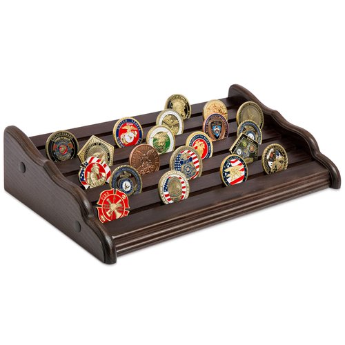 TESLYAR Military Challenge Coins Stand Holder Display Rack Wooden Army Collectible Challenge Coin Display Case Wood Stand, Holds 30-36 Coins Natural Solid Wood Brown