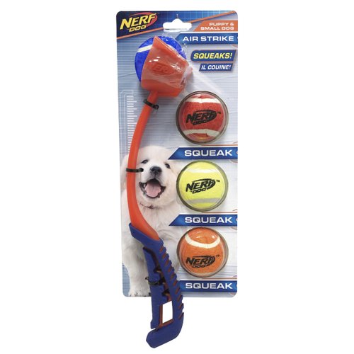 Nerf Dog 5-Piece Dog Toy Gift Set, Includes 13in Air Strike Launcher and 2in Squeak Tennis Ball 4-Pack, Nerf Tough Material, Multicolored