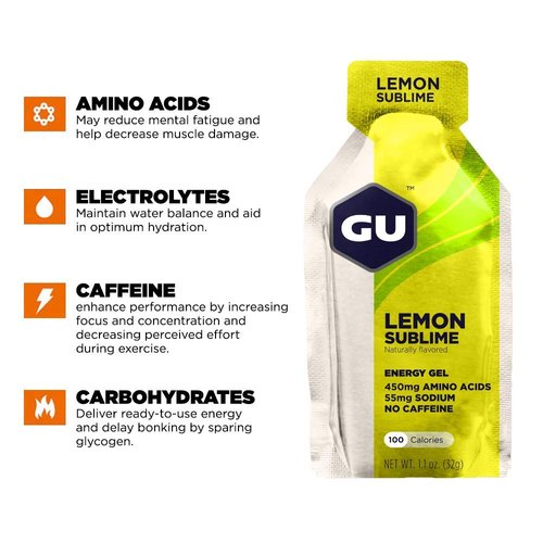 GU Energy Original Sports Nutrition Energy Gel, Vegan, Gluten-Free, Kosher, and Dairy-Free On-the-Go Energy for Any Workout, 24-Count, Lemon Sublime