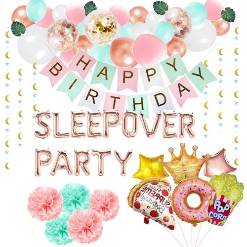 Sleepover Birthday Party Decorations for Girls Boys, Sleepover Birthday Party Supplies Girl Boy Teens, Slumber Pajamas Spa Party Ideas Balloons Banner Backdrop, Movie Night Pillow Fight Party Favors