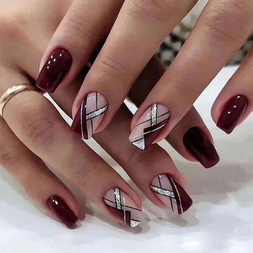 Dark Red Press on Nails Short Medium Length Square Silver Fake Nails with Glitter Line Designs Glossy Full Cover Acrylic Nails Stick on Nails Artificial Reusable False Nails for Women Manicure 24pcs