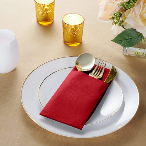 Disposable Linen-Feel Dinner Napkins with Built-in Flatware Pocket, 50-Pack BRIGHT RED Prefolded Cloth Like Paper Napkins For Christmas, Dinner, Wedding Or Party [Silverware NOT Included]