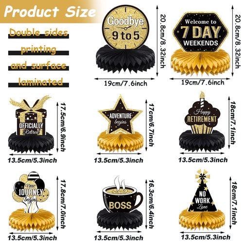 8 Pieces Retirement Party Decorations Retirement Honeycomb Centerpieces Gold and Black Retirement Table Decorations for Man and Women Happy Retirement Party Supplies, Adventure Begin