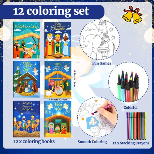 HOWAF 12pcs Christmas Nativity Coloring Books with 12 Paint Pens,Religious Christmas Coloring Page for Xmas Holiday Kids Favors,Christian Bible Jesus Nativity Drawing Book for Christmas Activities