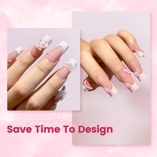 GloBlingle French Tip Press on Nails Long Square Nail Tips -150Pcs Pretty Pink False Nail Tips Kitty Bow Nails Art Decoration Kit Rhinestone Pearl with UV Nail Glue Press on Nail Tips for Women Gifts