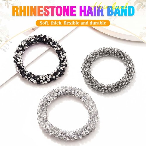 Fashey Beaded Hair Ties Crystal Hair Bands Elastic Ponytail Holders 3 Pcs Black Rhinestone Hair Tie Hair Accessories for Women
