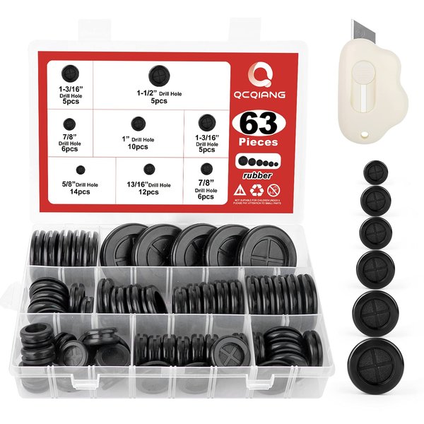 QCQIANG 63Pcs Rubber Grommet Kit, Drill Hole Firewall Hole Plugs Wire Protection, 6 Sizes 5/8" 13/16" 7/8" 1" 1-3/16" 1-1/2"(Round)