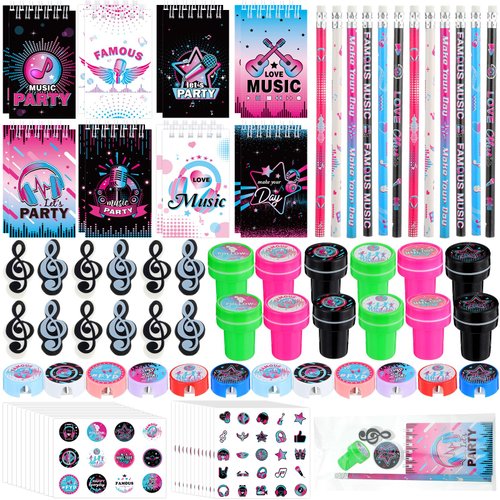 96 Set Music Party Favors Music Theme Stationery Music Mini Notepads Music Pencil Sharpeners Erasers Stickers Stampers Bavor Bags 80s 90s Music Birthday Party Decorations Hip Hop Disco Favors
