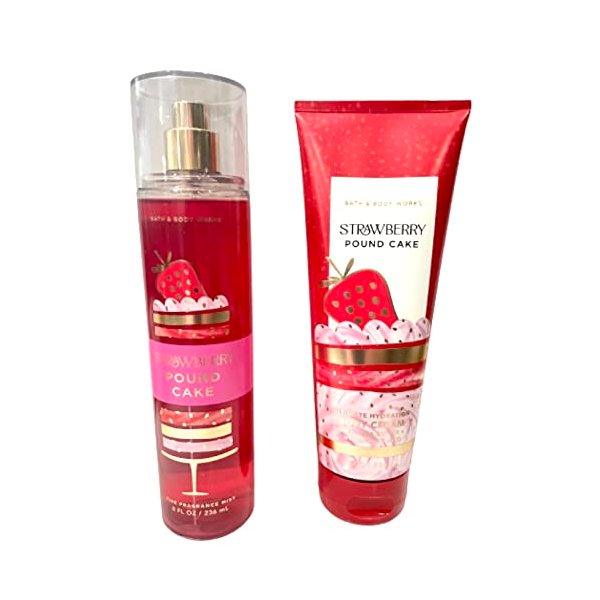 Bath & Body Works - Strawberry Pound Cake - 2 pc Bundle - Fine Fragrance Mist and Ultimate Hydration Body Cream (Packaging Design Varies)