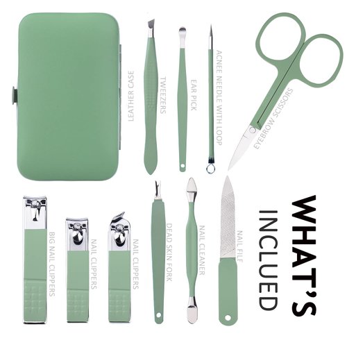 HANTEKAS Manicure Set 10 in 1 Stainless Steel, Nail Clippers Scissors Pedicure Tools Kit - Portable Travel Grooming Kit for Men and Women with Leather Case (Jade Green)