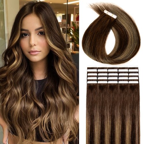 Winsky Tape in Hair Extensions Balayage Human Hair - Black Brown Ombre Glue in Remy Hairpiece 20pcs 50gram 100% Real Human Hair 18"#4T27P4