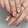Halloween Press on Nails Short Almond Fake Nails Nude Pink False Nails With Designs Cute Ghost Star Glue on Nails Full Cover Acrylic Stick on Nails Glossy Artificial Nails for Women 24Pcs