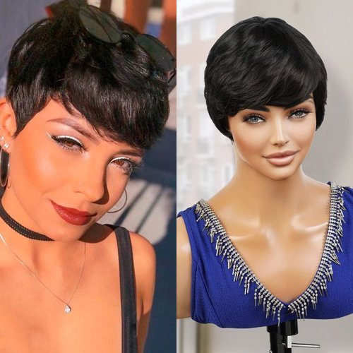 INSTANT FAB Short Human Hair Wigs Pixie Cut Wigs for Black Women Short Pixie Hairstyles Layered Wavy Non Lace Front Wigs - JET (NATURAL BLACK)