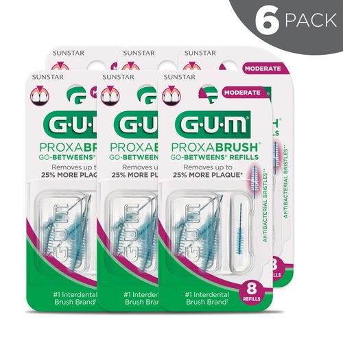 GUM Proxabrush Go-Betweens Refills - Moderate - Compatible with GUM Permanent Handle - Reusable Interdental Brushes - Soft Bristled Dental Picks, 8ct(6pk)