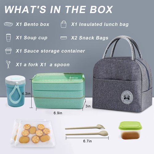 Koccido Bento Box Kit,Japanese Lunch Box 3-In-1 Compartment,Leakproof 3 Layer Lunch Container for Kids and Adults