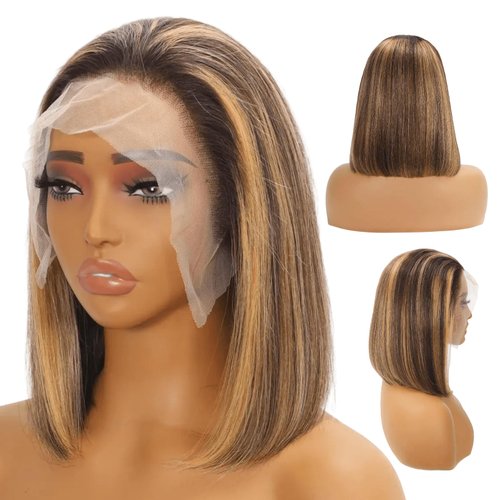BOELYNN 4/27 Highlight Glueless Bob Wig Human Hair 13x4 Lace Frontal Bob Wig 180 Density Short Straight Ombre Colored Blunt Cut Bob Wig for Black Women Brown and Blonde Wigs with Highlights 12 inch
