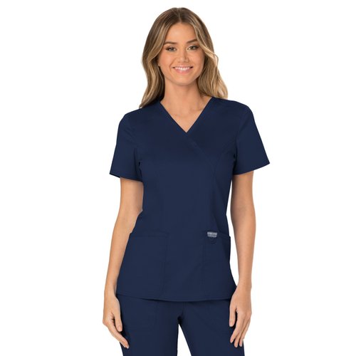 Cherokee Scrubs for Women Mock Wrap Top with 3 Pocket, Back Princess Seams Plus Size WW610, 2XL, Navy