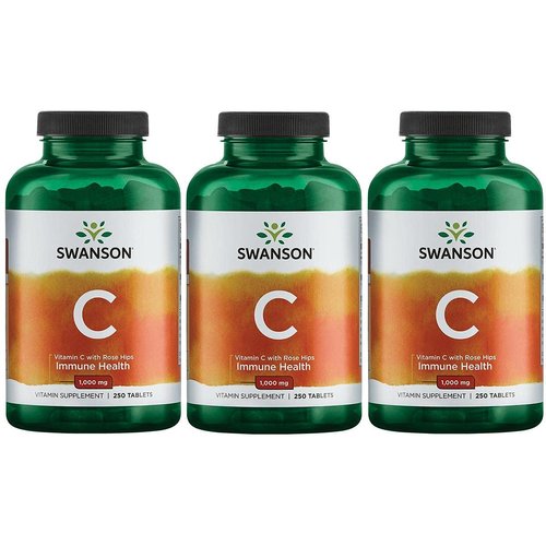 Swanson Vitamin C with Rose HIPS Immune System Support Skin Cardiovascular Health Antioxidant Supplement 1000 mg 250 Tablets (Tabs) (3 Pack)