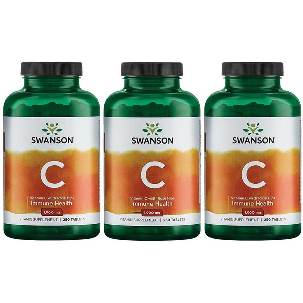 Swanson Vitamin C with Rose HIPS Immune System Support Skin Cardiovascular Health Antioxidant Supplement 1000 mg 250 Tablets (Tabs) (3 Pack)