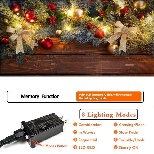 SANJICHA 2-Pack 66FT 200 LED Christmas Lights, Extendable Christmas Tree Lights with Timer & Memory Function, Waterproof Green Wire Outdoor String Lights Indoor with 8 Lighting Modes (Warm White)