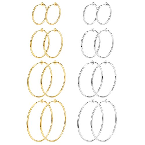 Magitaco 8 Pairs Clip On Hoop Earrings Stainless Steel Clip On Earrings for Women Fake Hoop Earrings Spring Hoop Earrings For Non-Pierced Ears Gold+Silver