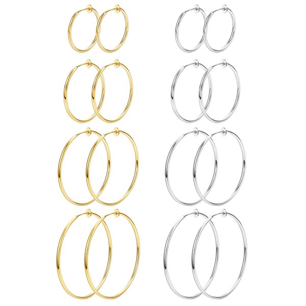 Magitaco 8 Pairs Clip On Hoop Earrings Stainless Steel Clip On Earrings for Women Fake Hoop Earrings Spring Hoop Earrings For Non-Pierced Ears Gold+Silver