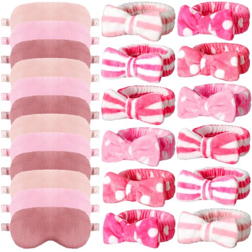 Newcotte Sleepover Party Supplies for Girls, 24 Pcs Includes Plush Sleep Eye Mask and Bow Hair Band, Fur Face Wash Headband Faux Fur Mask for Women (Cute Style)