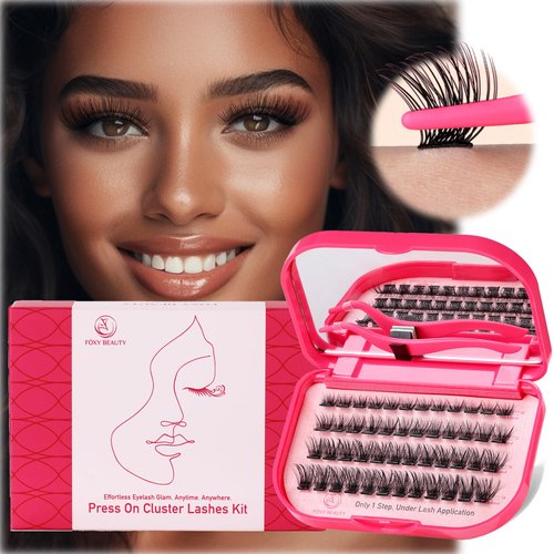 Self Adhesive Eyelashes - 48PCS Pre Glued Lash Clusters Kit With Tweezers,1 Step Press On Lashes Clusters 10-16MM D Curl, DIY Lash Extension Kit No Glue Needed,Lash Case With Mirror,Dense & Lush Lash