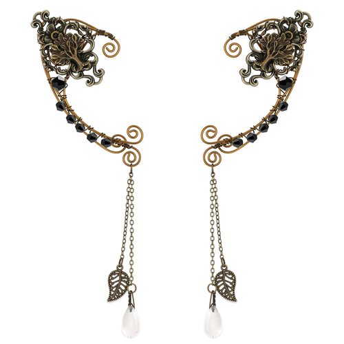 Renaissance Fairy Elf Ear Cuffs - Handmade Vintage Bronze Tree Elf Earrings with Black Crystal Non Piercing Metal Ear Clip Elven Ear Wraps for Women Christmas Halloween Renfaire Party Accessories
